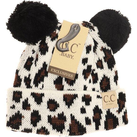 🐾 C.C Baby Leopard Double Pom Beanie – White | Unisex | Trendy & Cozy - NWOT! - Picture 1 of 8